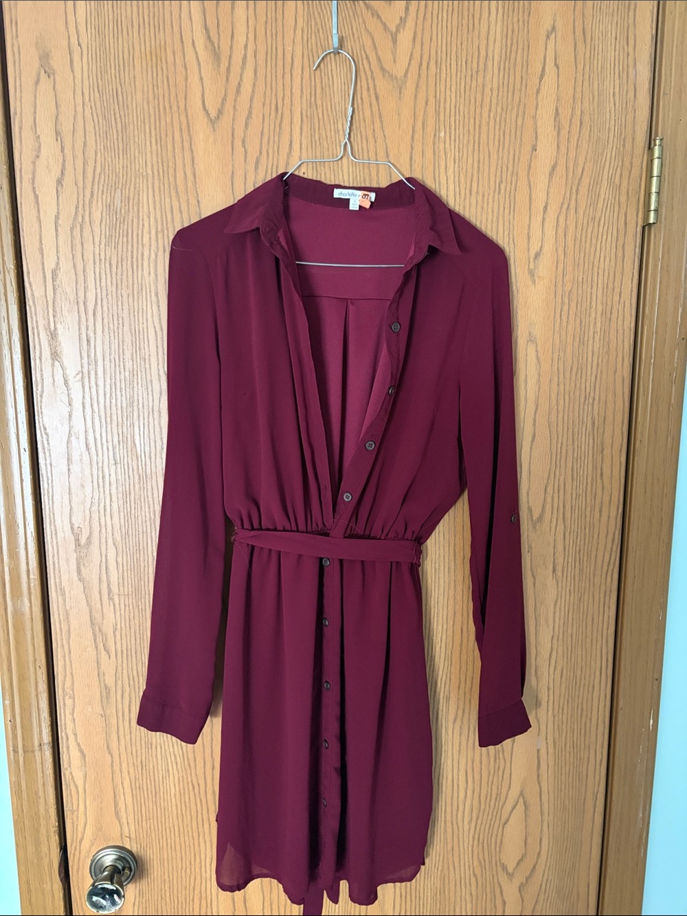 Charlotte Russe Burgundy Long-Sleeve Button Shirt Dress